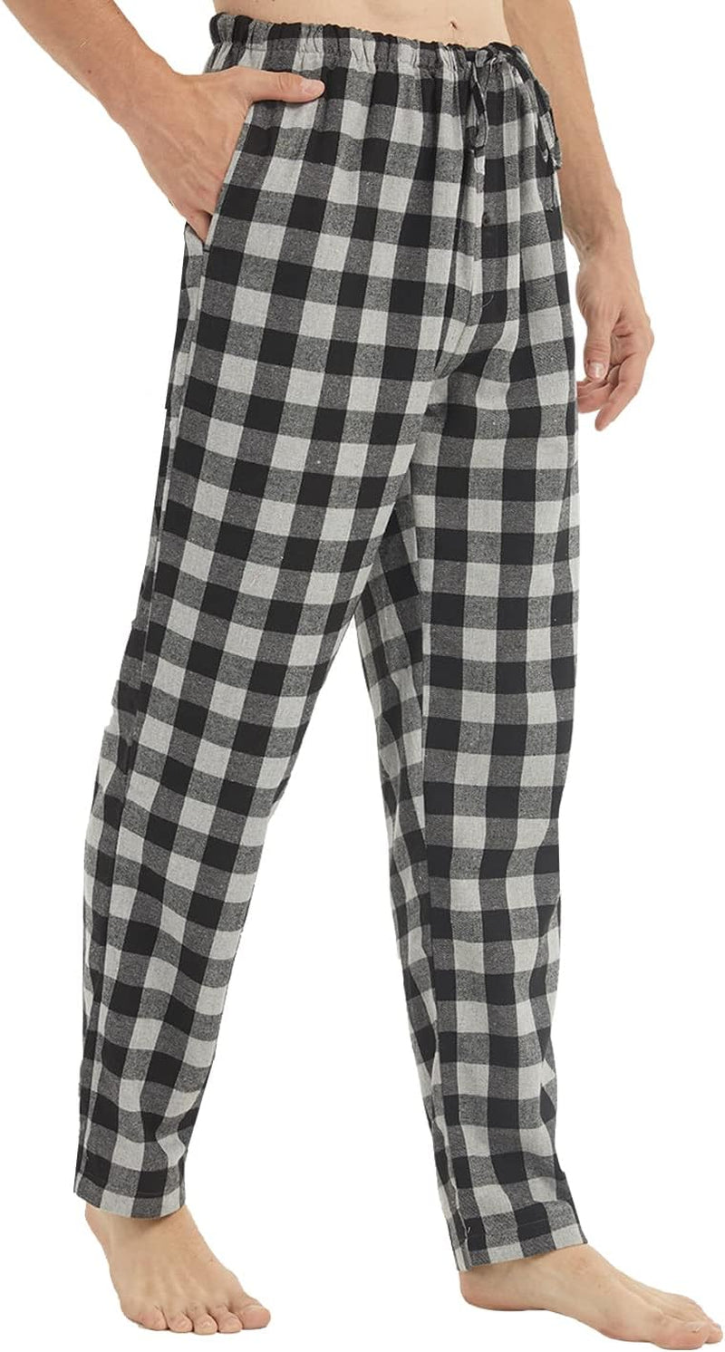 Mens Pajama Pants Flannel Cotton Plaid Lounge Bottoms Warm Comfy Sleepwear Pants Drawstring and Pockets Button Fly