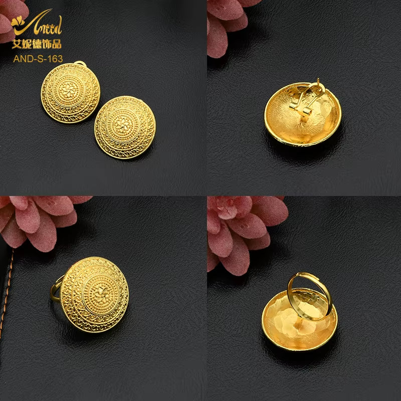 Womens Ethiopian Gold Color Jewelry Set Bridal Dubai Jewellery Wedding Brazilian Eritrean African Earring Necklaces Set