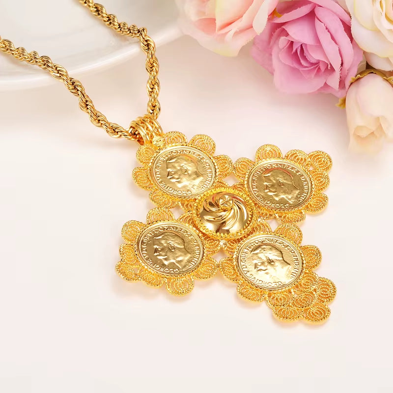 Ethiopian Big Coin Cross Pendants Long 800Mm Necklaces 24K Yellow Solid Gold GF Jewelry Africa Habesha Ethiopian/Eritrea