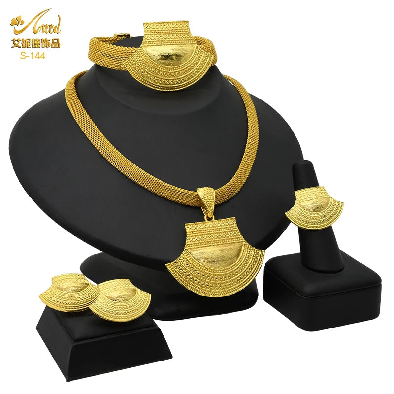 Womens Ethiopian Gold Color Jewelry Set Bridal Dubai Jewellery Wedding Brazilian Eritrean African Earring Necklaces Set