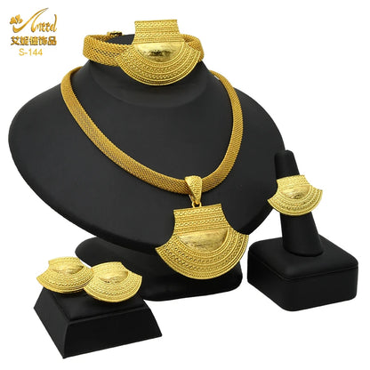 Womens Ethiopian Gold Color Jewelry Set Bridal Dubai Jewellery Wedding Brazilian Eritrean African Earring Necklaces Set