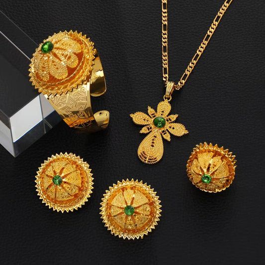 Gold Color Ethiopian Jewelry Red Blue Green Stone Habesha Women Bride Wedding Jewelry Set