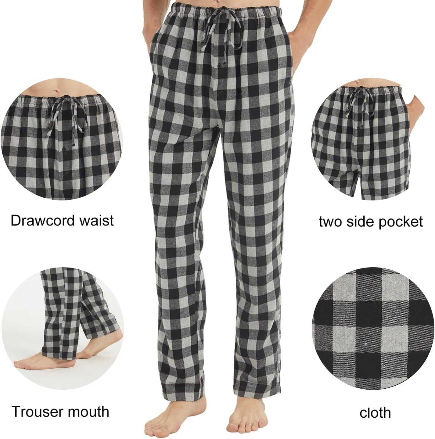 Mens Pajama Pants Flannel Cotton Plaid Lounge Bottoms Warm Comfy Sleepwear Pants Drawstring and Pockets Button Fly