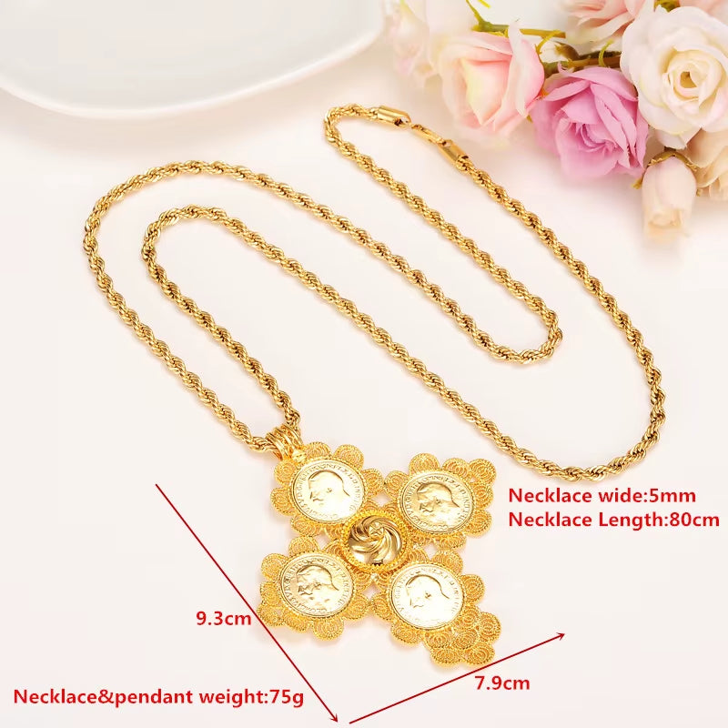 Ethiopian Big Coin Cross Pendants Long 800Mm Necklaces 24K Yellow Solid Gold GF Jewelry Africa Habesha Ethiopian/Eritrea