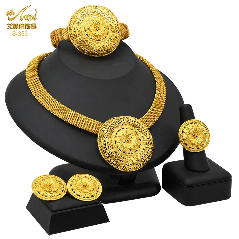 Womens Ethiopian Gold Color Jewelry Set Bridal Dubai Jewellery Wedding Brazilian Eritrean African Earring Necklaces Set