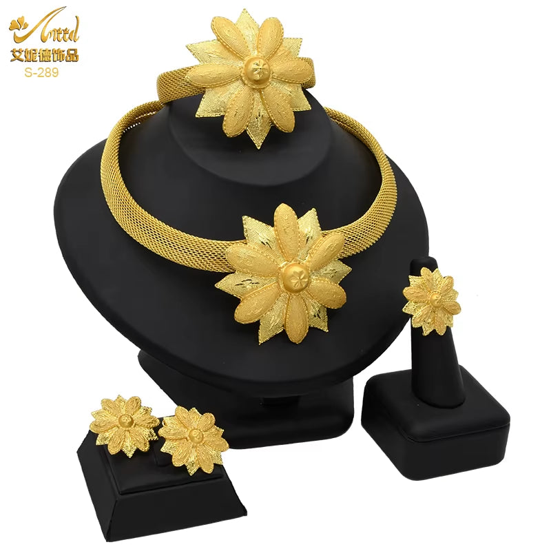 Womens Ethiopian Gold Color Jewelry Set Bridal Dubai Jewellery Wedding Brazilian Eritrean African Earring Necklaces Set