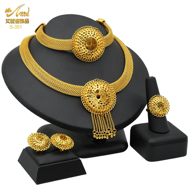 Womens Ethiopian Gold Color Jewelry Set Bridal Dubai Jewellery Wedding Brazilian Eritrean African Earring Necklaces Set