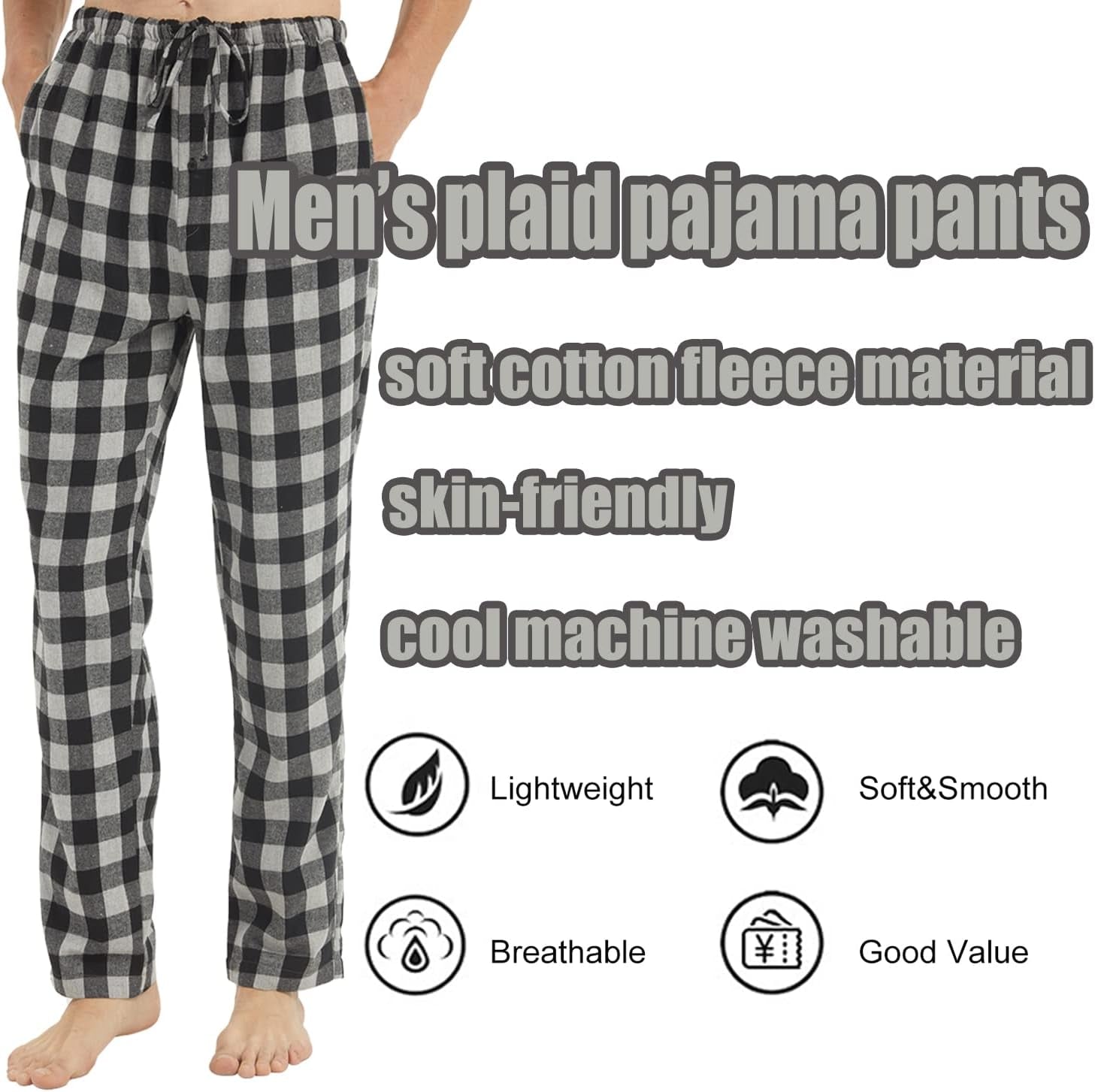 Mens Pajama Pants Flannel Cotton Plaid Lounge Bottoms Warm Comfy Sleepwear Pants Drawstring and Pockets Button Fly