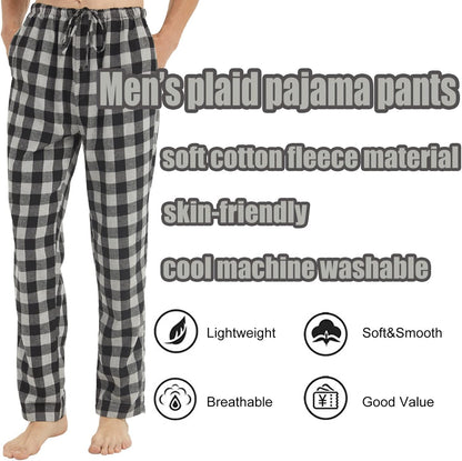 Mens Pajama Pants Flannel Cotton Plaid Lounge Bottoms Warm Comfy Sleepwear Pants Drawstring and Pockets Button Fly