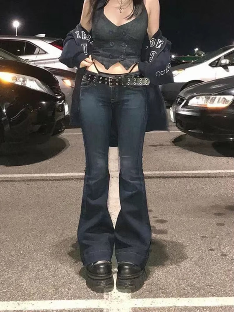Kalevest Y2K High Street Low Rise Jeans Blue Women Pants Bootcut Pockets Jeans Streetwear Low Waist Jeans Wide Leg Pants