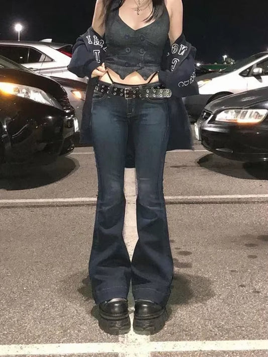 Kalevest Y2K High Street Low Rise Jeans Blue Women Pants Bootcut Pockets Jeans Streetwear Low Waist Jeans Wide Leg Pants