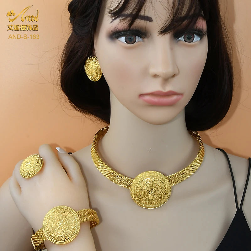 Womens Ethiopian Gold Color Jewelry Set Bridal Dubai Jewellery Wedding Brazilian Eritrean African Earring Necklaces Set