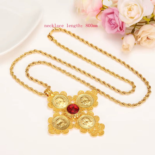 Ethiopian Big Coin Cross Pendants Long 800Mm Necklaces 24K Yellow Solid Gold GF Jewelry Africa Habesha Ethiopian/Eritrea