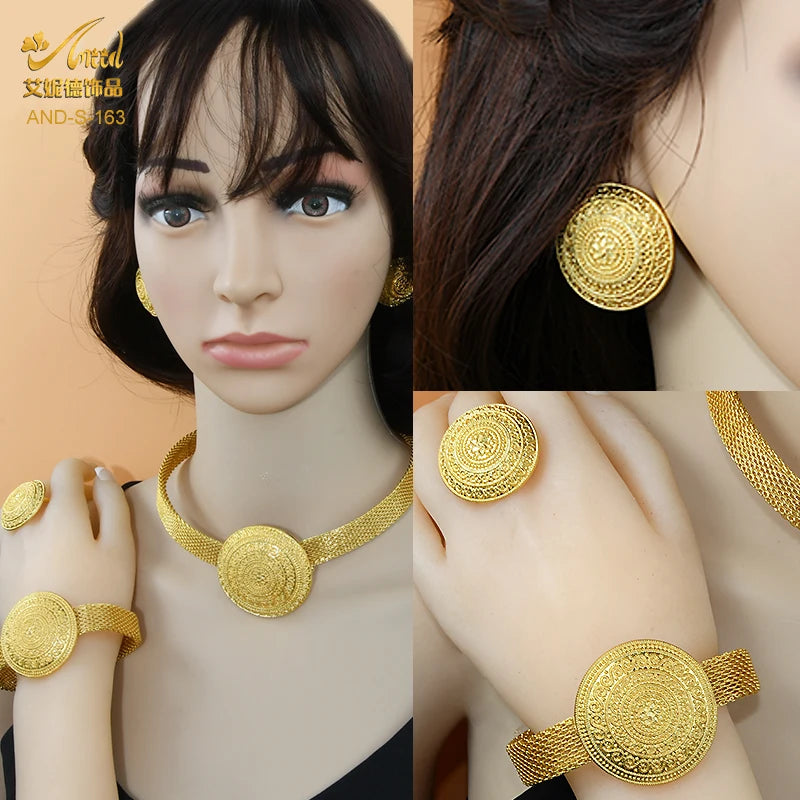 Womens Ethiopian Gold Color Jewelry Set Bridal Dubai Jewellery Wedding Brazilian Eritrean African Earring Necklaces Set