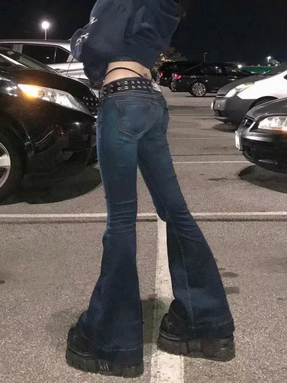 Kalevest Y2K High Street Low Rise Jeans Blue Women Pants Bootcut Pockets Jeans Streetwear Low Waist Jeans Wide Leg Pants