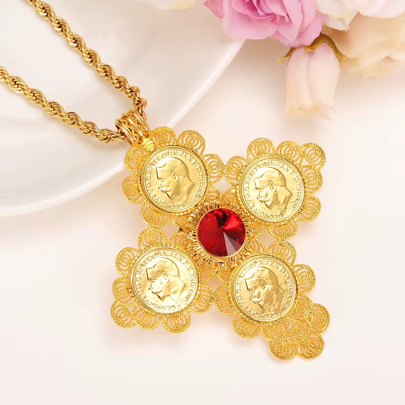 Ethiopian Big Coin Cross Pendants Long 800Mm Necklaces 24K Yellow Solid Gold GF Jewelry Africa Habesha Ethiopian/Eritrea