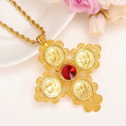 Ethiopian Big Coin Cross Pendants Long 800Mm Necklaces 24K Yellow Solid Gold GF Jewelry Africa Habesha Ethiopian/Eritrea