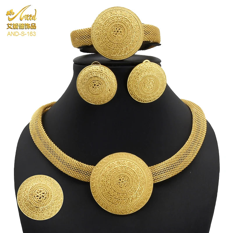 Womens Ethiopian Gold Color Jewelry Set Bridal Dubai Jewellery Wedding Brazilian Eritrean African Earring Necklaces Set