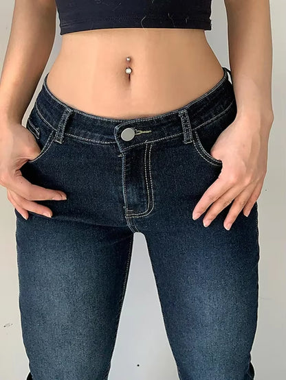 Kalevest Y2K High Street Low Rise Jeans Blue Women Pants Bootcut Pockets Jeans Streetwear Low Waist Jeans Wide Leg Pants